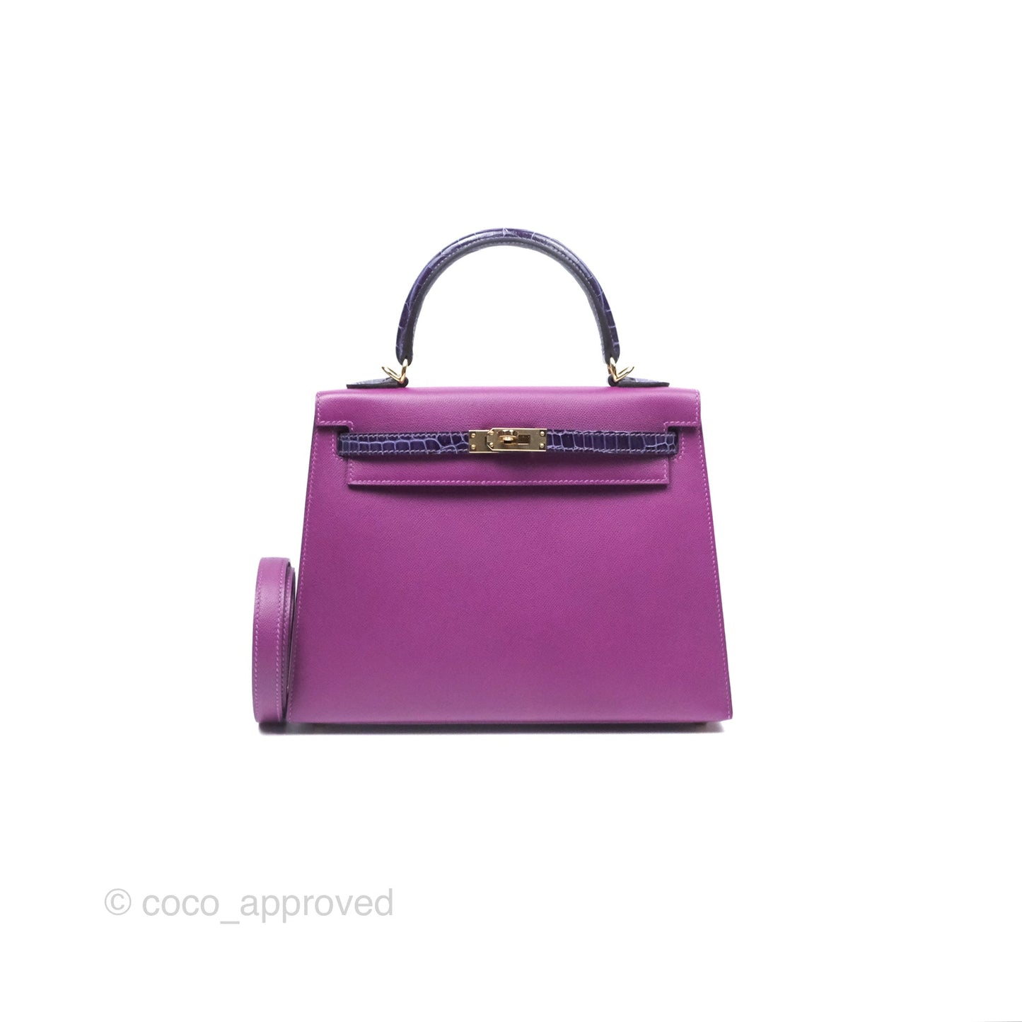 Hermès Kelly 25 Sellier Touch Anemone/ Amethyste Madame/ Croc Gold Hardware