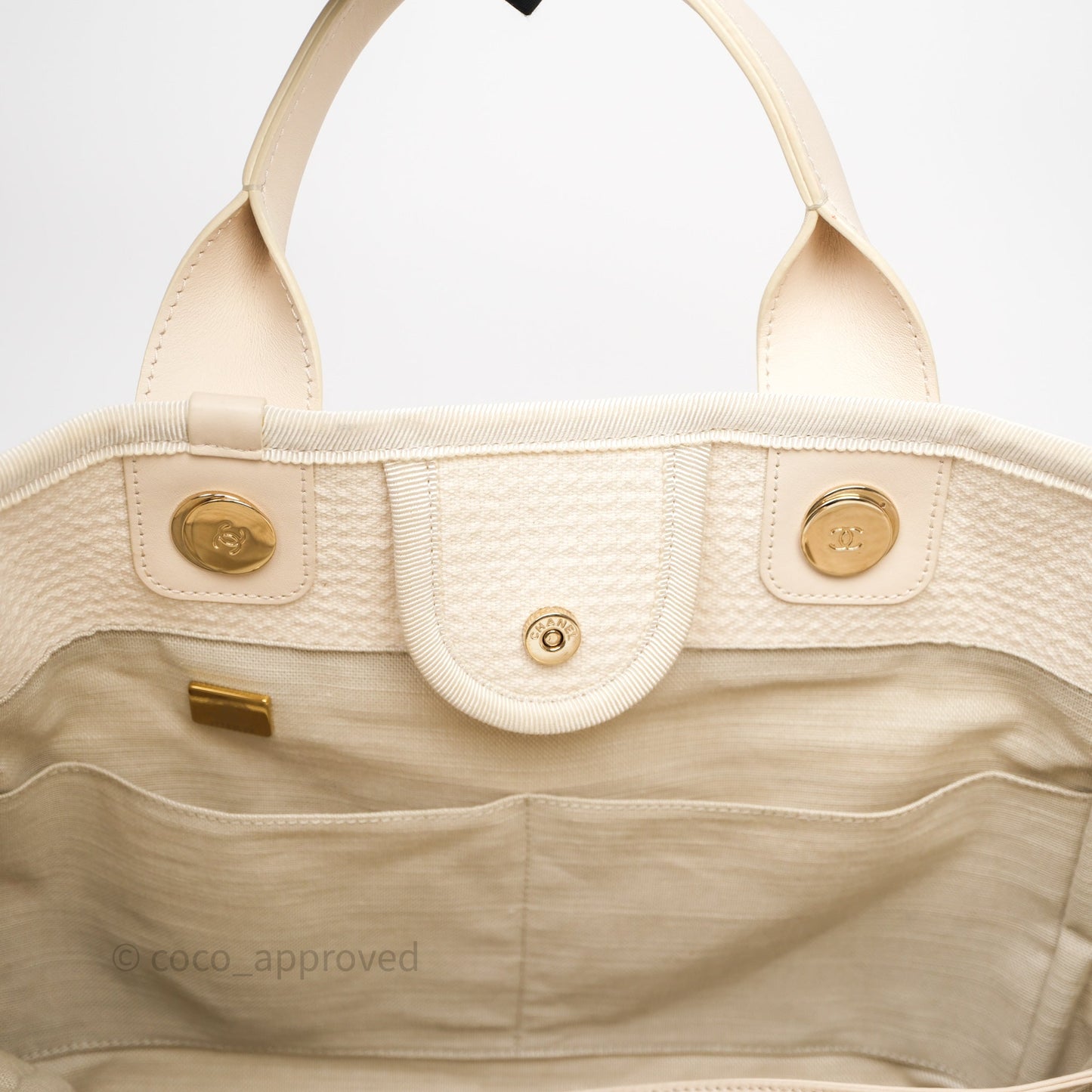 Chanel New Small Deauville Cream Ivory Canvas Light Gold Hardware