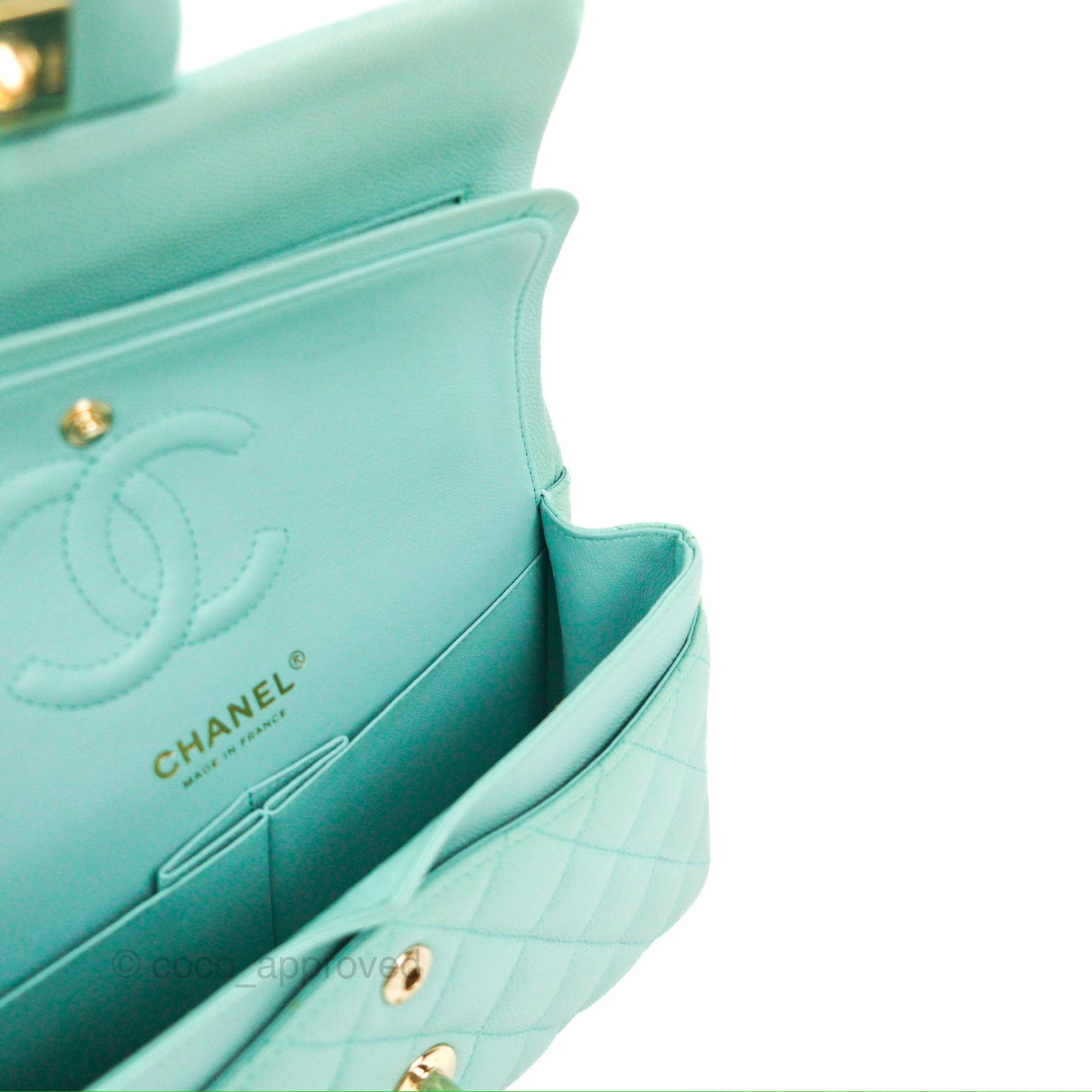 Chanel Small Classic Quilted Flap Tiffany Blue Caviar Gold Hardware 20C