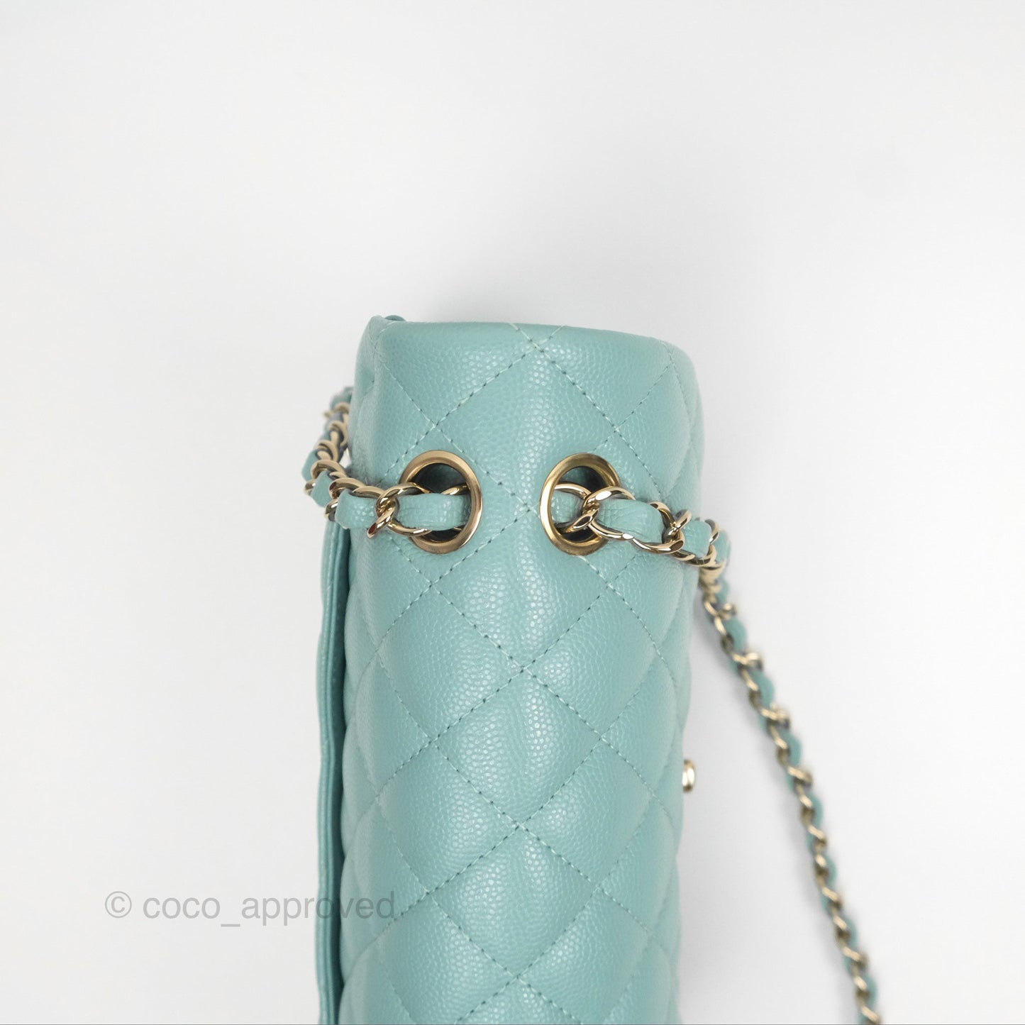Chanel Small Classic Quilted Flap Tiffany Green Caviar Gold Hardware