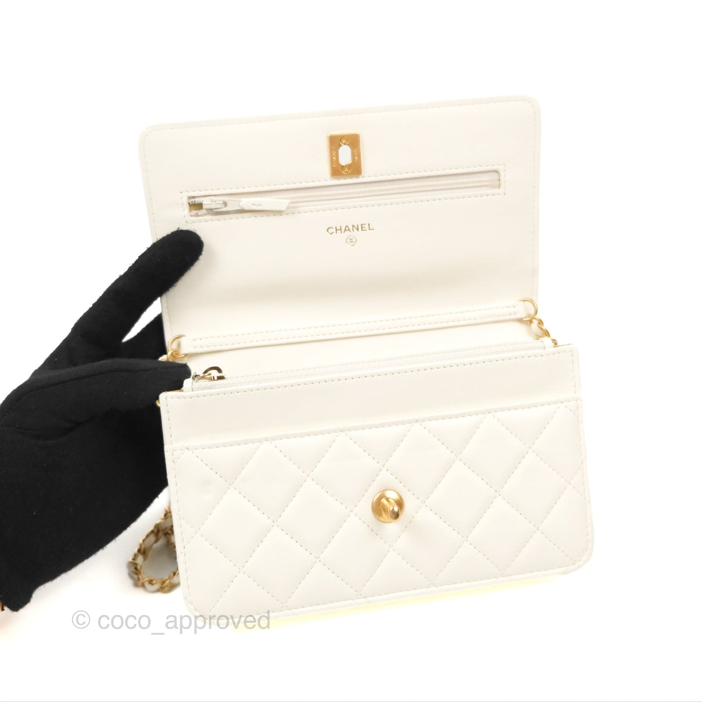 Chanel Quilted Pearl Crush Wallet on Chain WOC White Lambskin Aged Gold Hardware