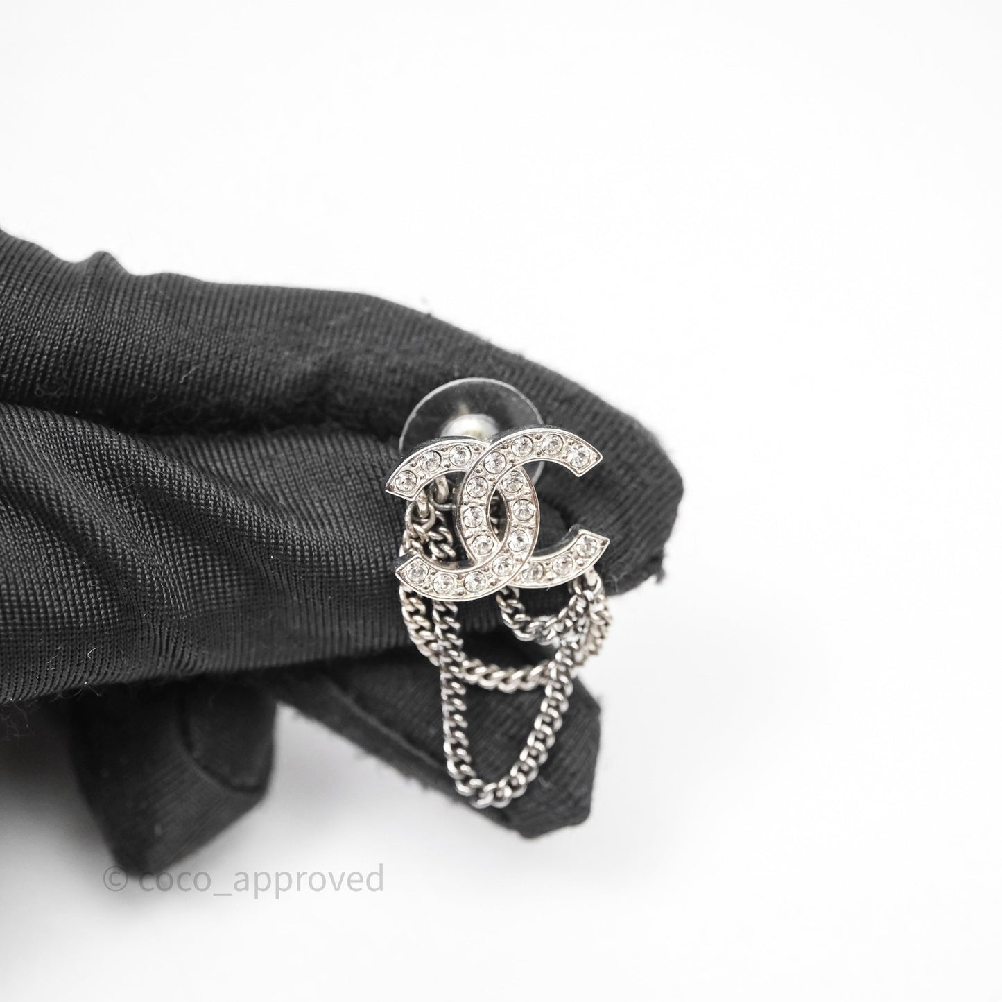 Chanel CC Crystals Chains Drop Earrings Silver Tone 21B