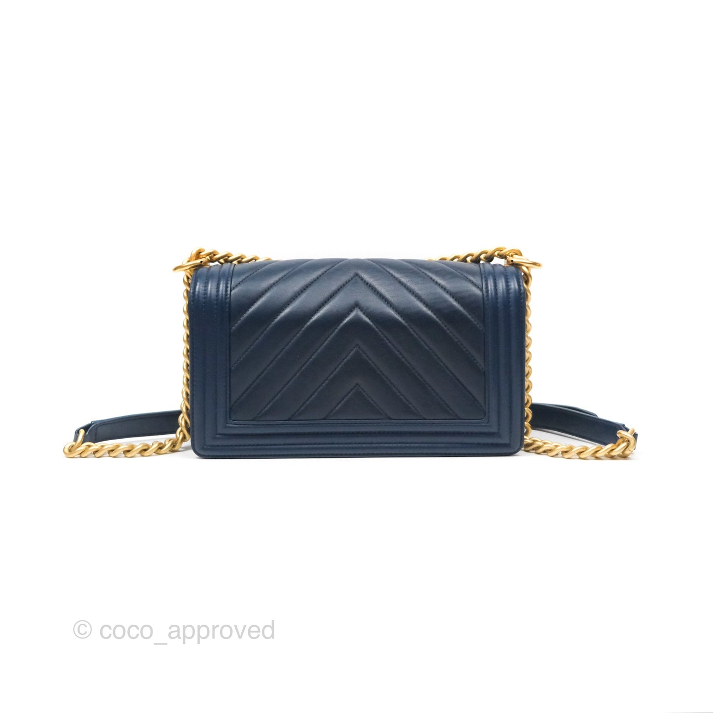 Chanel Medium Boy Chevron Navy Calfskin Aged Gold Hardware