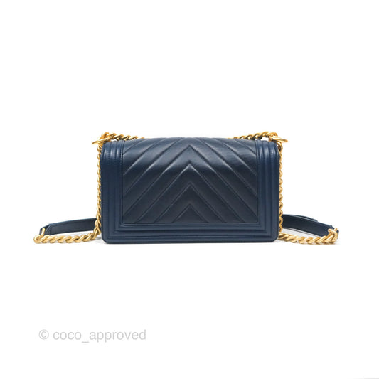 Chanel Medium Boy Chevron Navy Calfskin Aged Gold Hardware