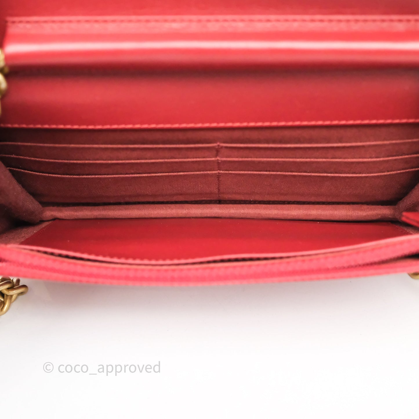 Chanel Boy Wallet on Chain WOC Red Caviar Aged Gold Hardware