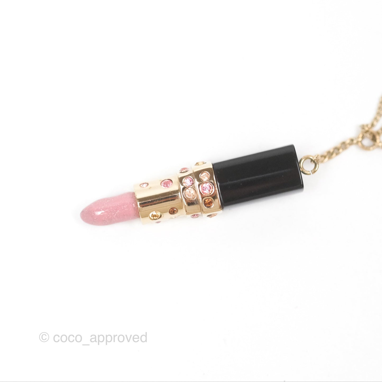 Chanel Crystal Lipstick Charm Pendant Necklace Gold Tone 08A