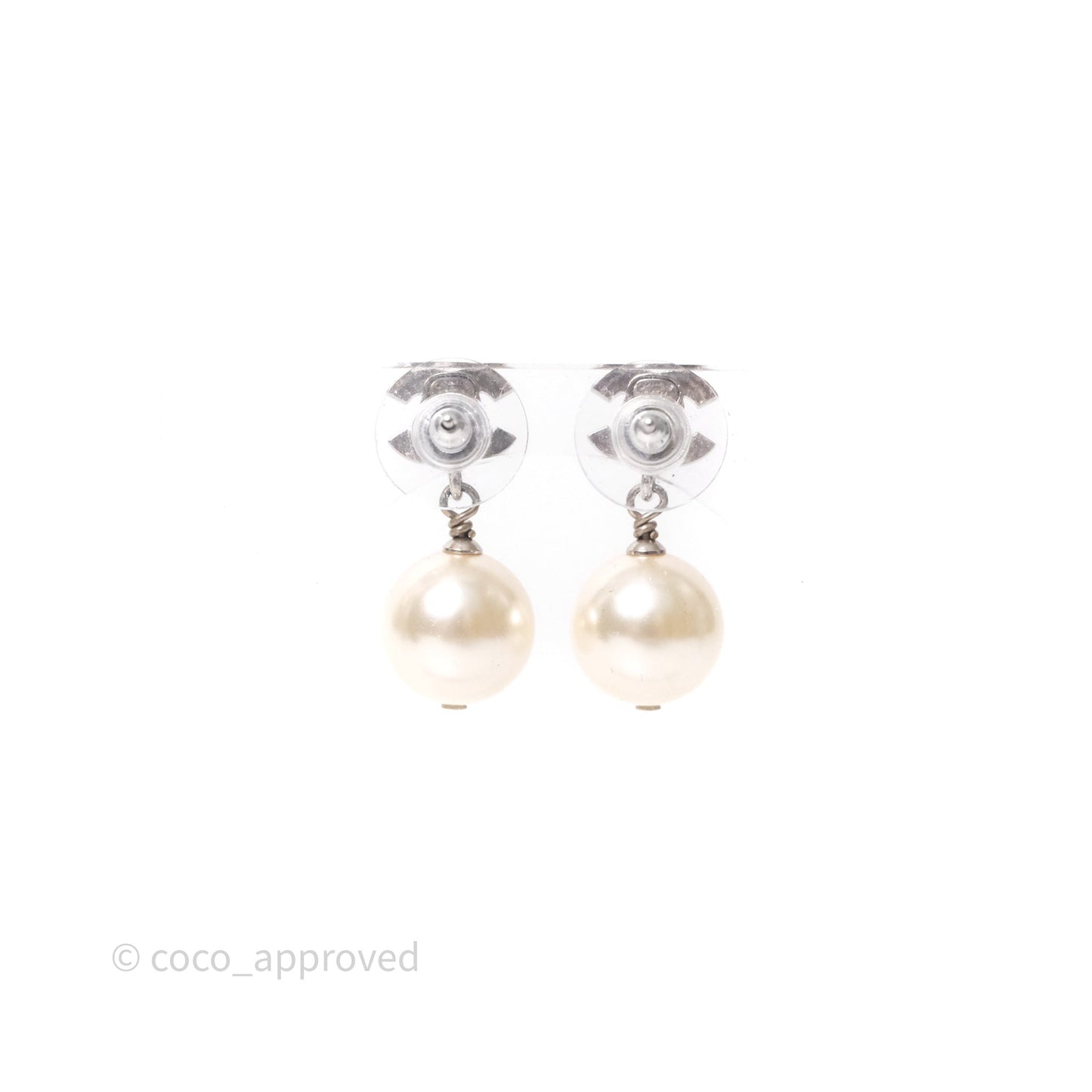 Chanel CC Crystal Pearl Drop Earrings Silver Tone 21V