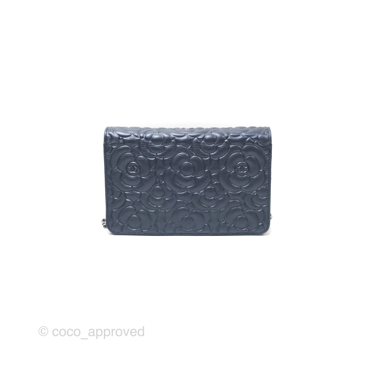 Chanel Camellia Wallet on Chain WOC Iridescent Navy Calfskin Silver Hardware