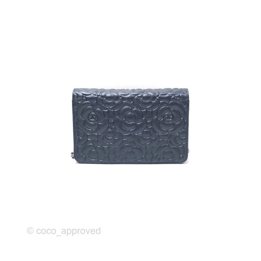 Chanel Camellia Wallet on Chain WOC Iridescent Navy Calfskin Silver Hardware
