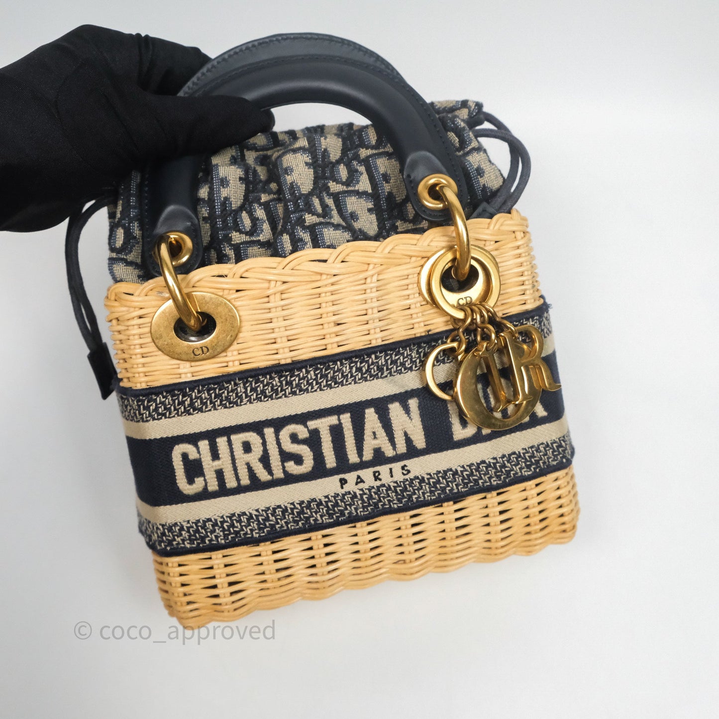 Christian Dior Mini Lady Dior Natural Rattan and Blue Dior Oblique Jacquard