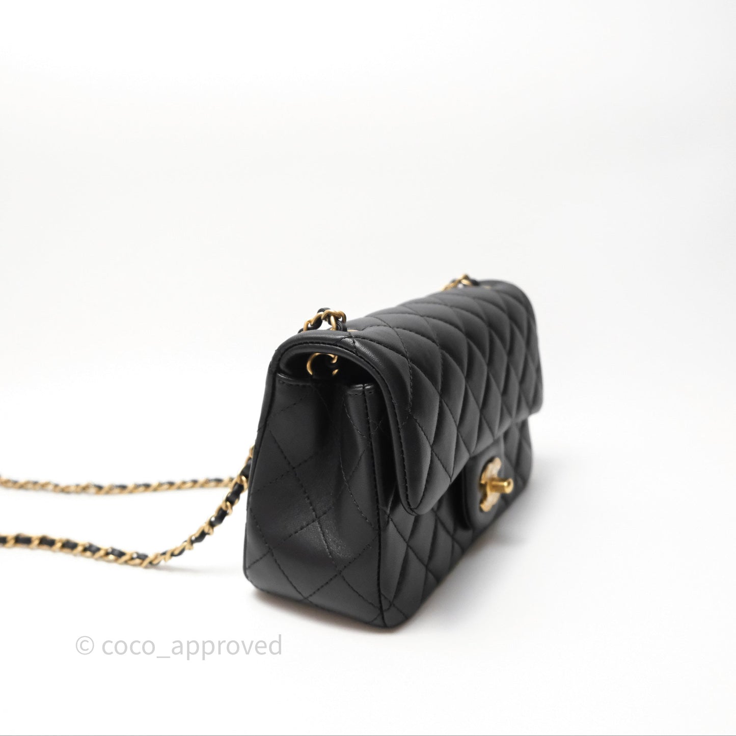 Chanel Mini Rectangular Pearl Crush Quilted Black Lambskin Aged Gold Hardware