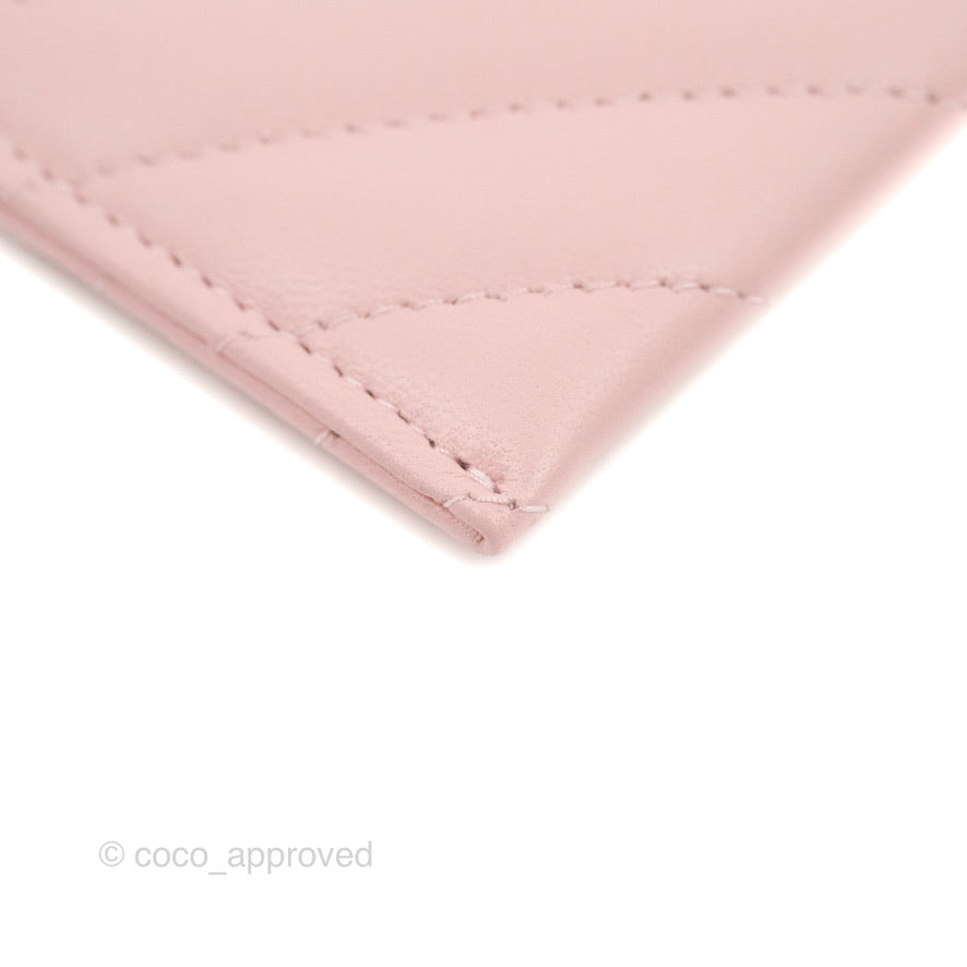 Chanel Chevron Classic Flat Card Holder Pink Lambskin Silver Hardware