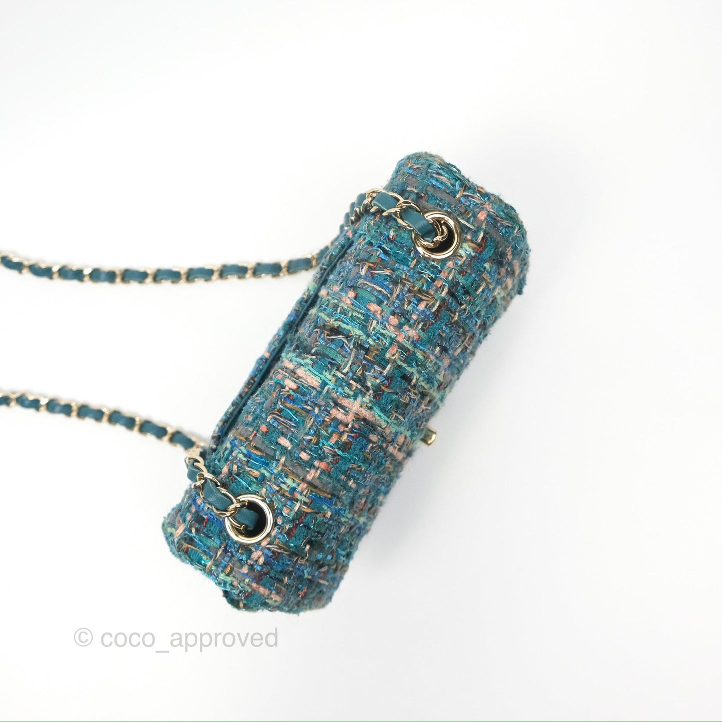 Chanel Mini Rectangular Flap Teal Tweed Gold Hardware