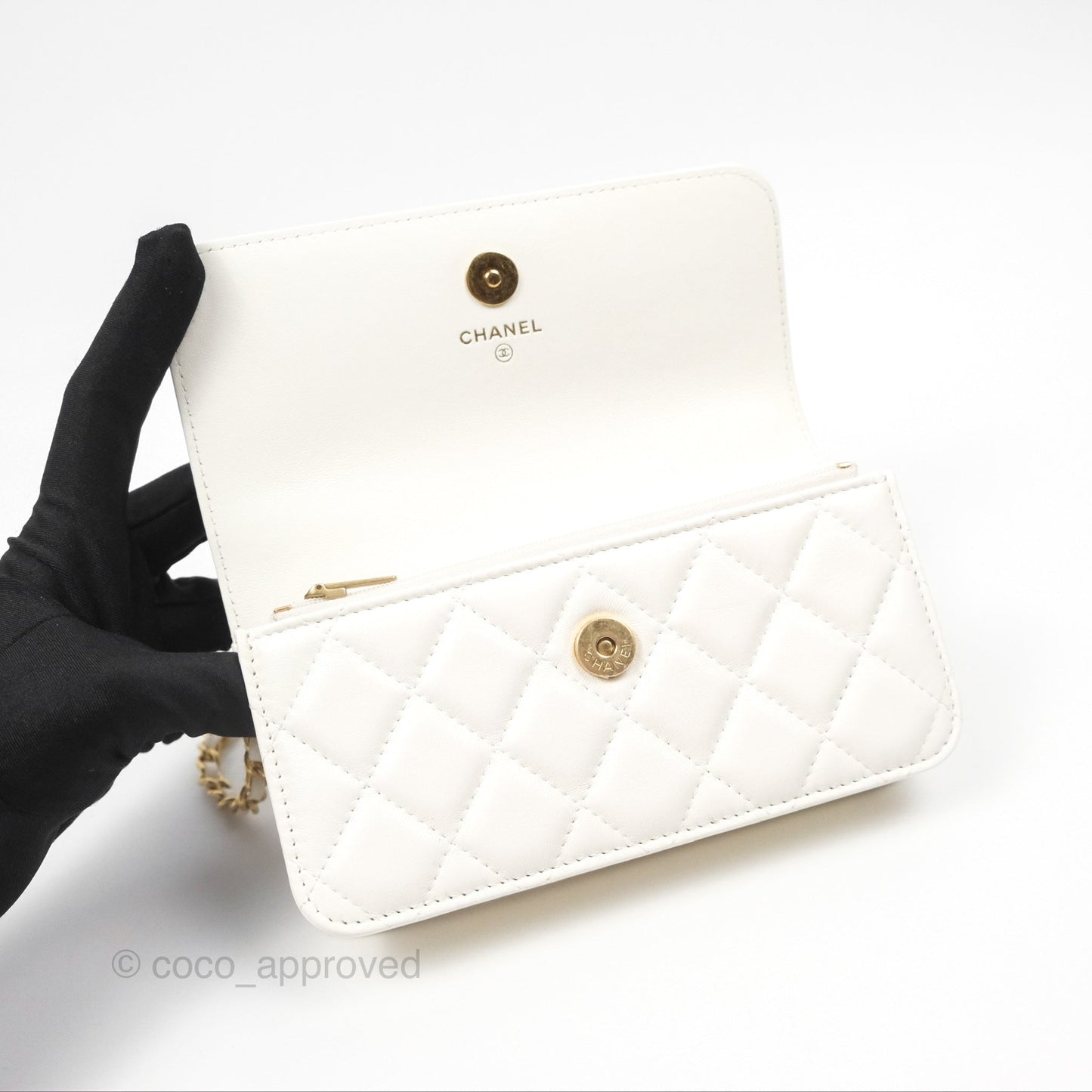 Chanel Dynasty Phone Holder with Chain White Ivory Lambskin Aged Gold Hardware