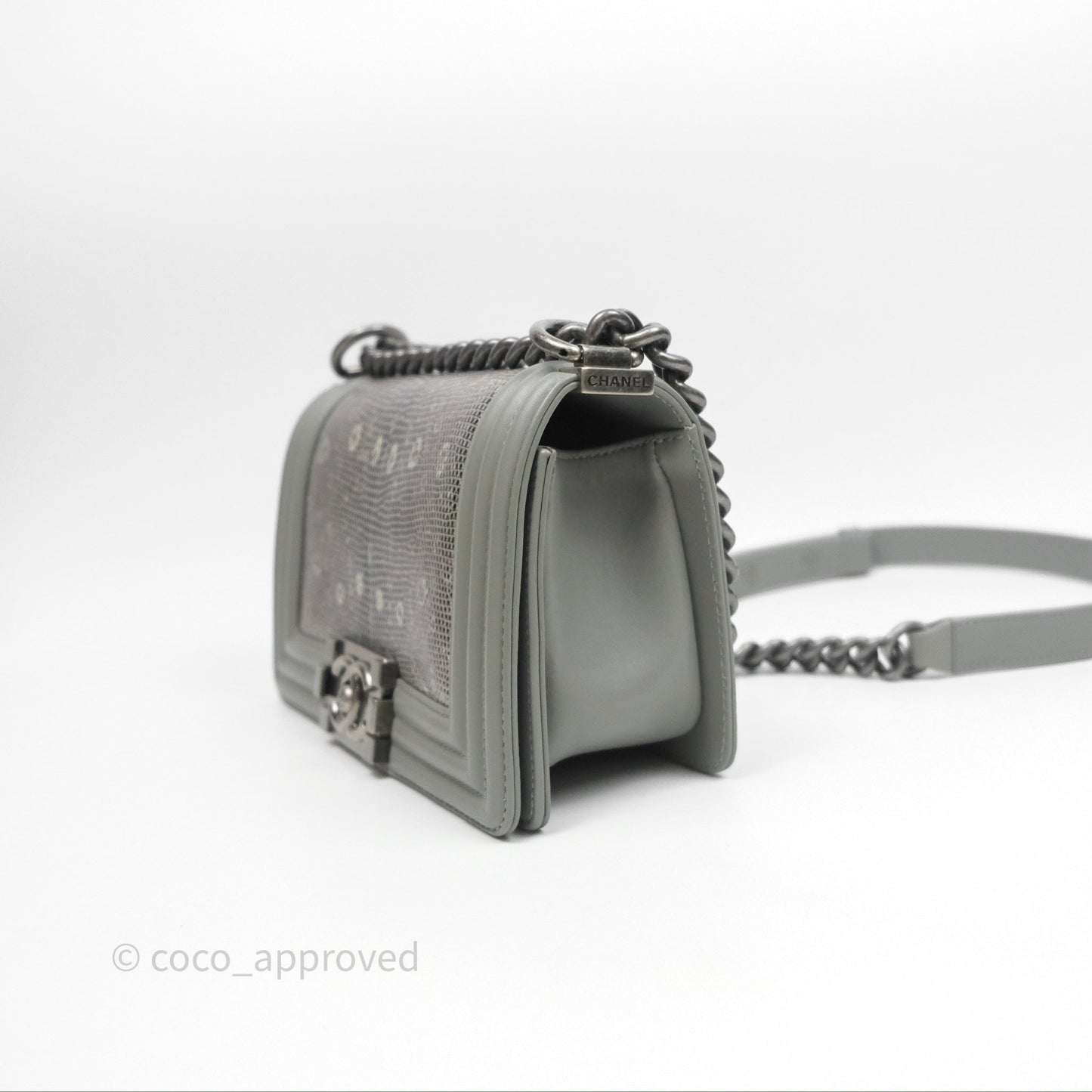 Chanel Small Boy Quilted Bag Grey Lizard Calfskin Ruthenium Hardware