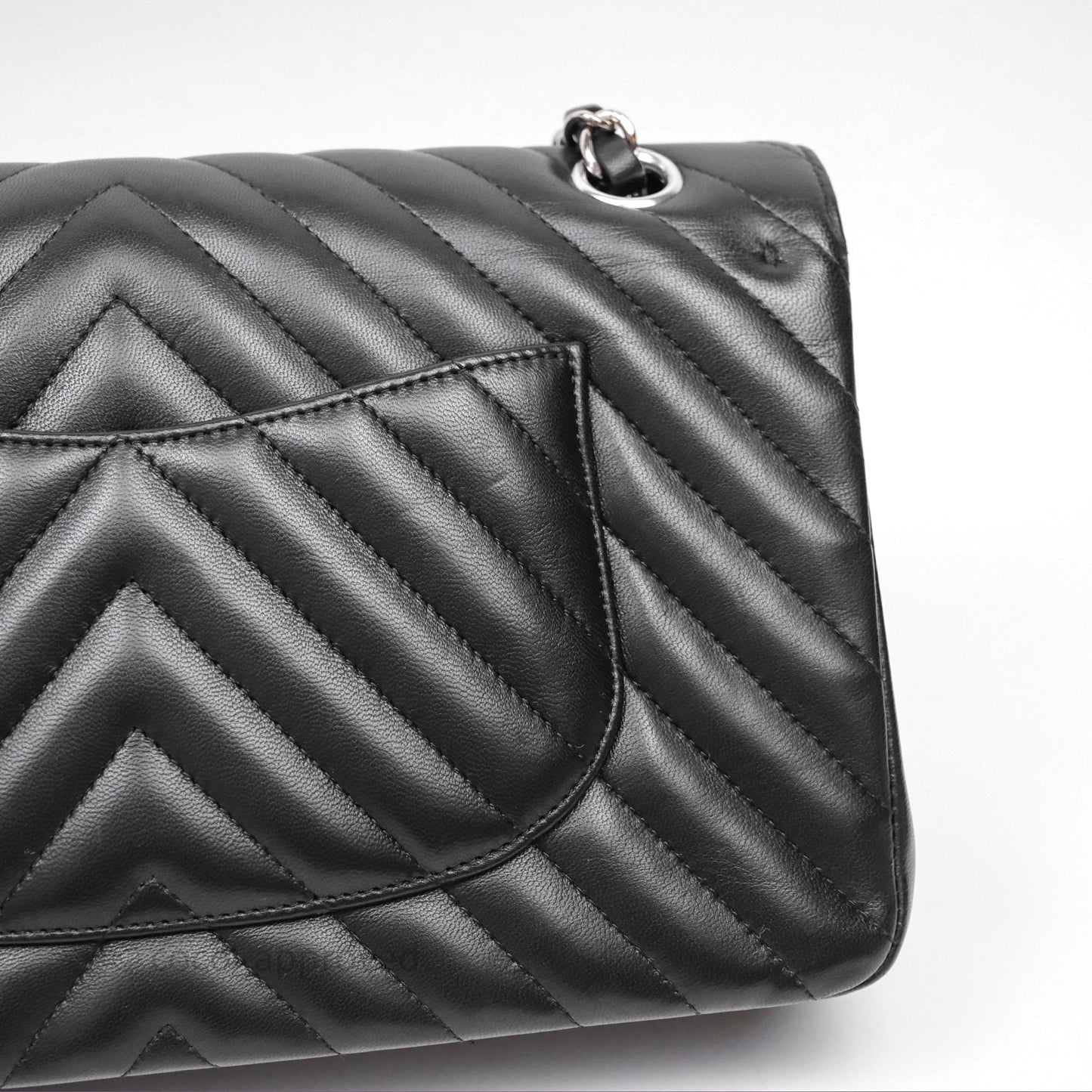 Chanel Classic M/L Medium Flap Chevron Black Lambskin Silver Hardware