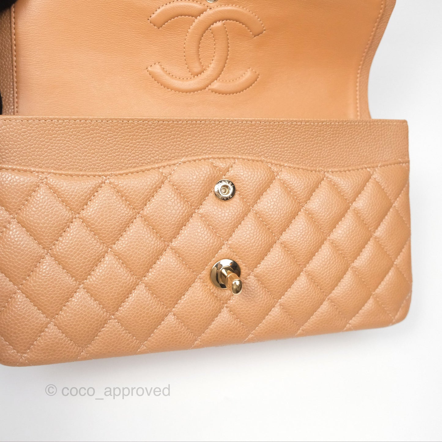 Chanel Classic M/L Medium Flap Quilted Dark Beige Caviar Gold Hardware 18S