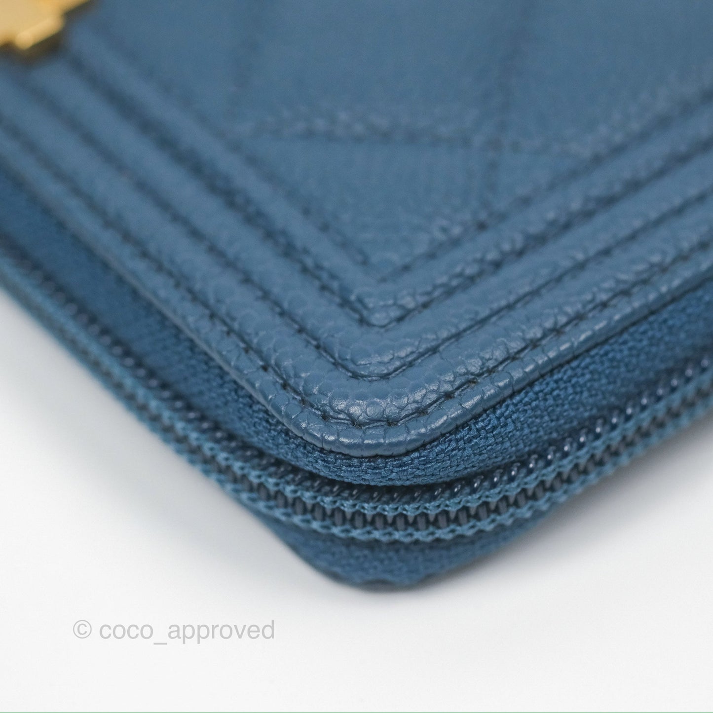Chanel Quilted Boy Zip Card Holder Blue Caviar Aged Gold Hardware