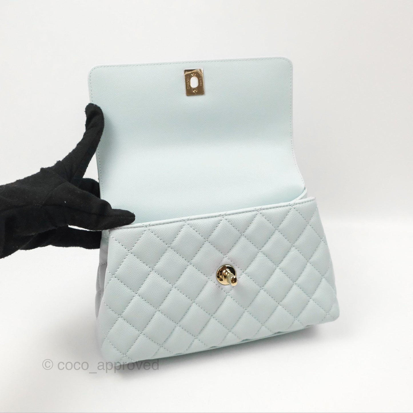 Chanel Small Coco Handle Quilted Light Baby Blue Caviar Gold Hardware