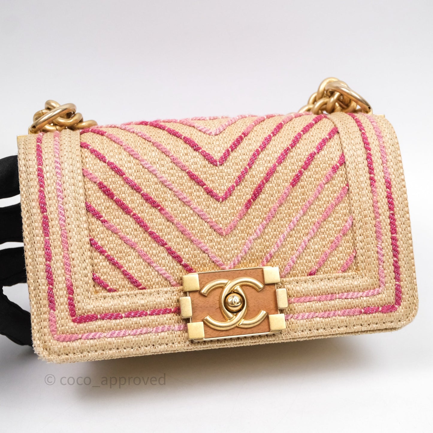 Chanel Small Boy Chevron Raffia Metallic Pink Aged Gold Hardware