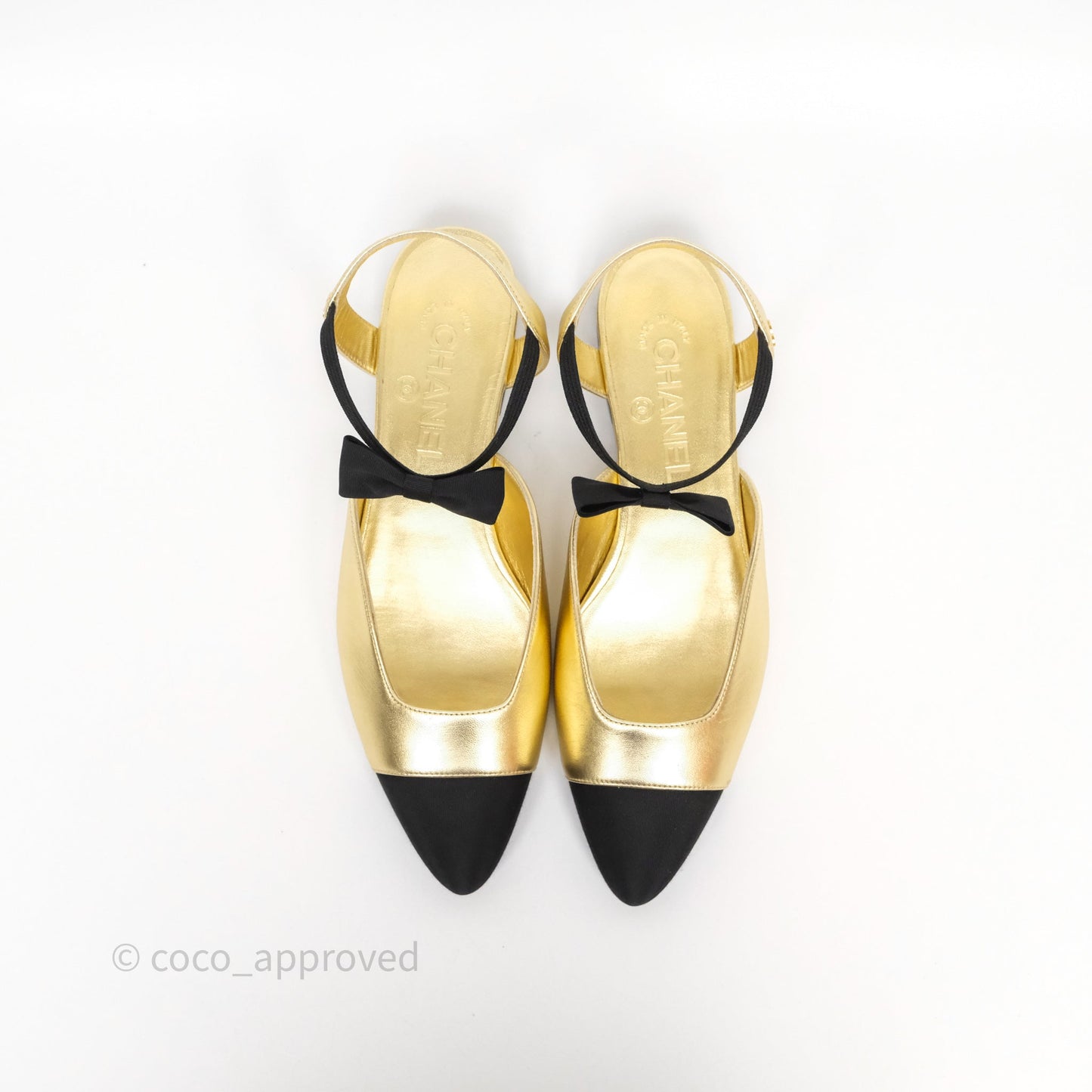 Chanel Bow Two-Tone Slingback Flats Gold/ Black Size 37.5