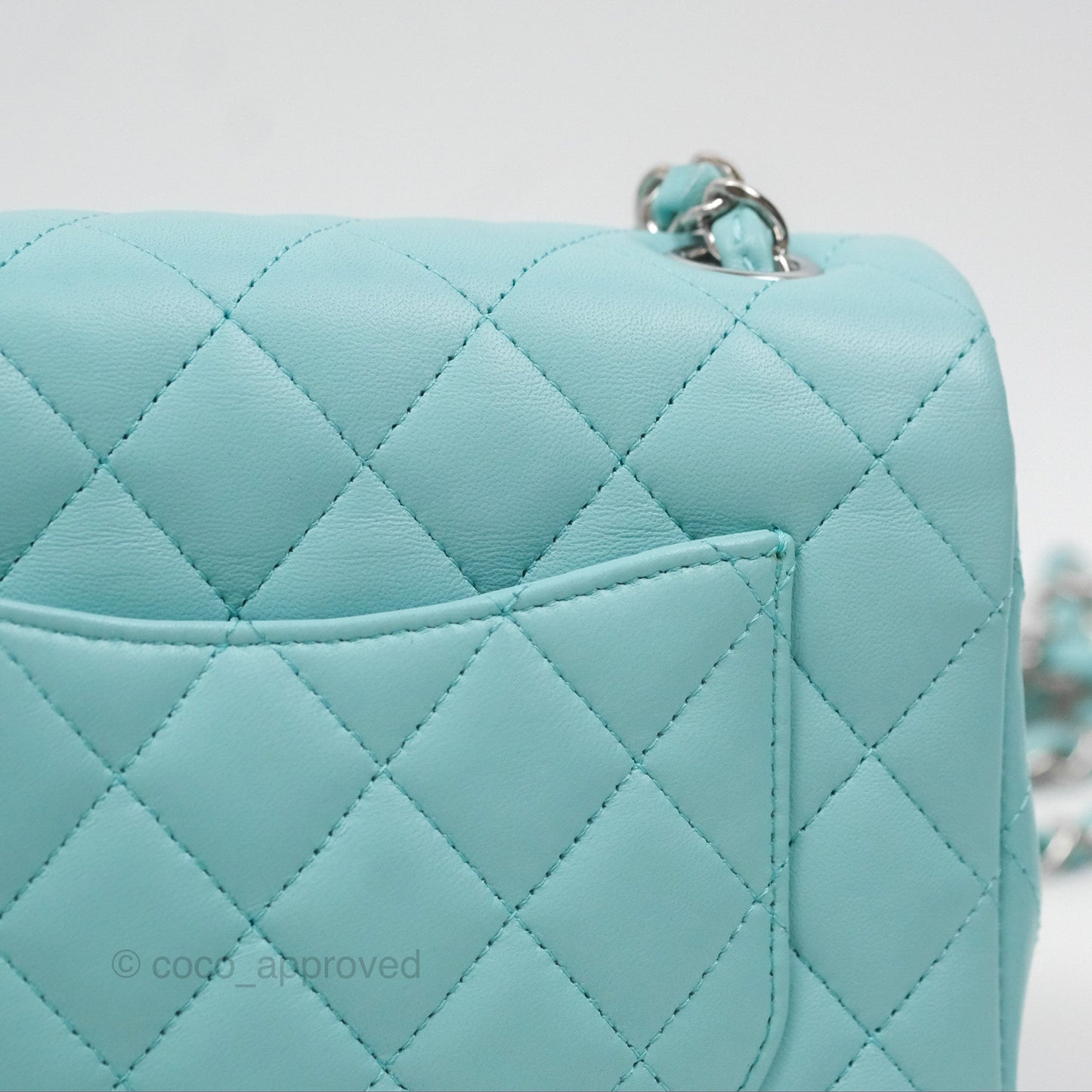 Chanel Quilted Mini Rectangular Flap Tiffany Blue Lambskin Silver Hardware
