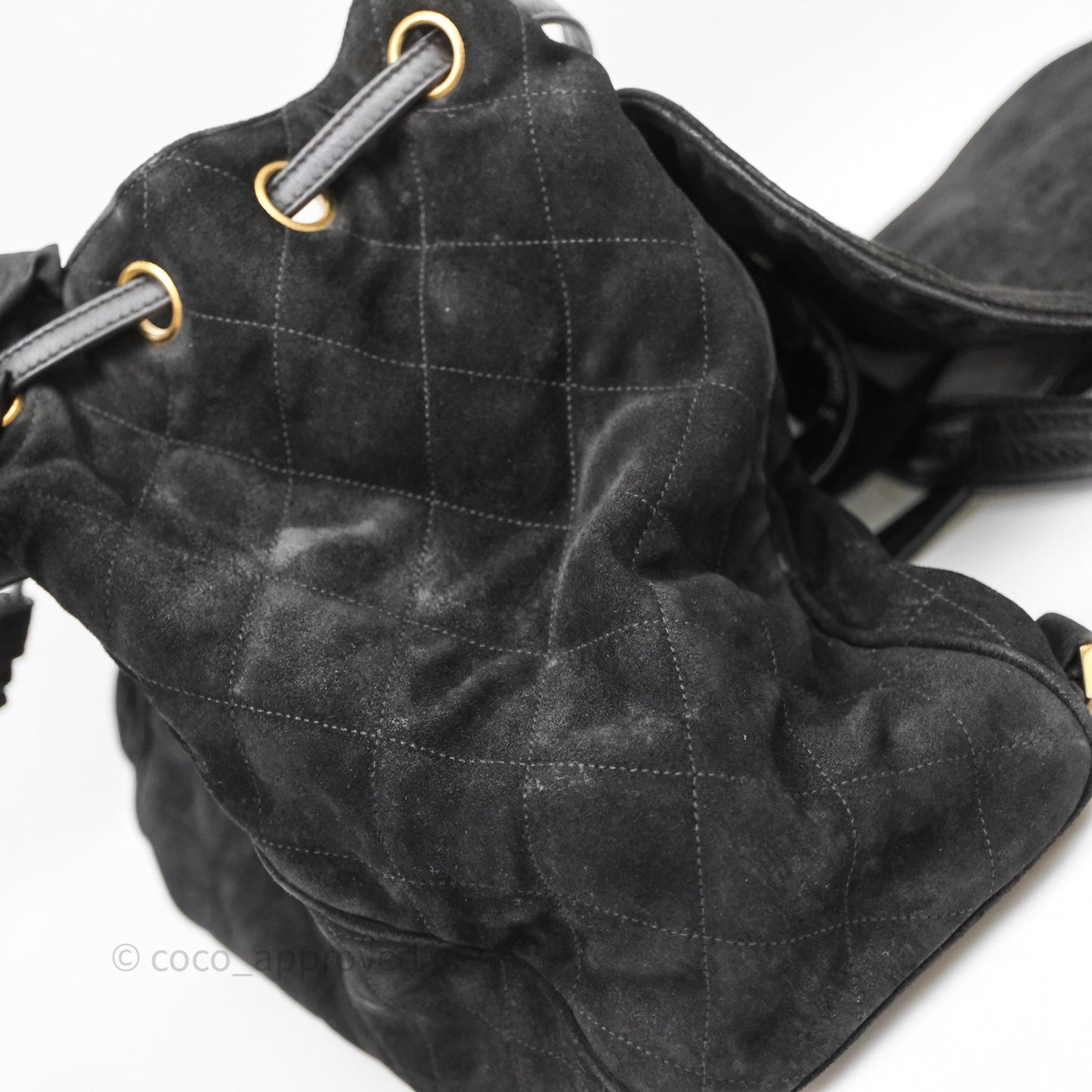 Chanel Vintage Quilted Suede CC Backpack Black Gold Hardware