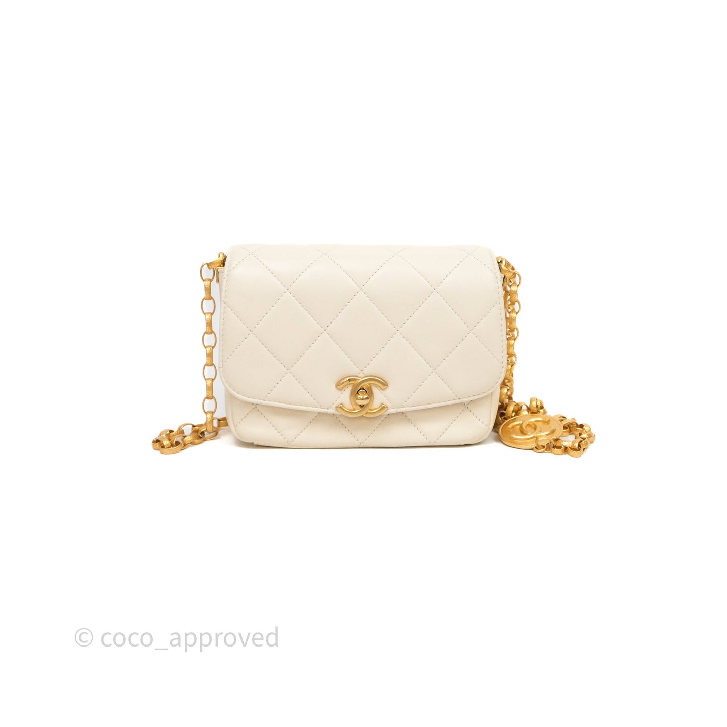 Chanel Flap with Coin Charm Ivory White Lambskin Aged Gold Hardware