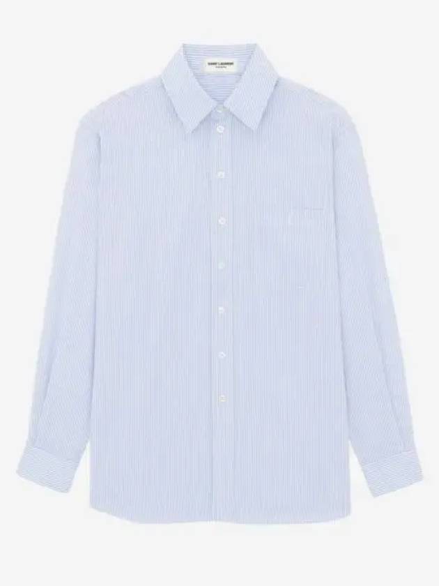 Luxury Saint Laurent Striped Cotton Poplin Monogram Long Sleeve Shirt Blue