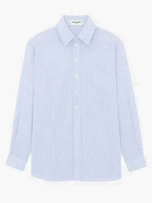Luxury Saint Laurent Striped Cotton Poplin Monogram Long Sleeve Shirt Blue