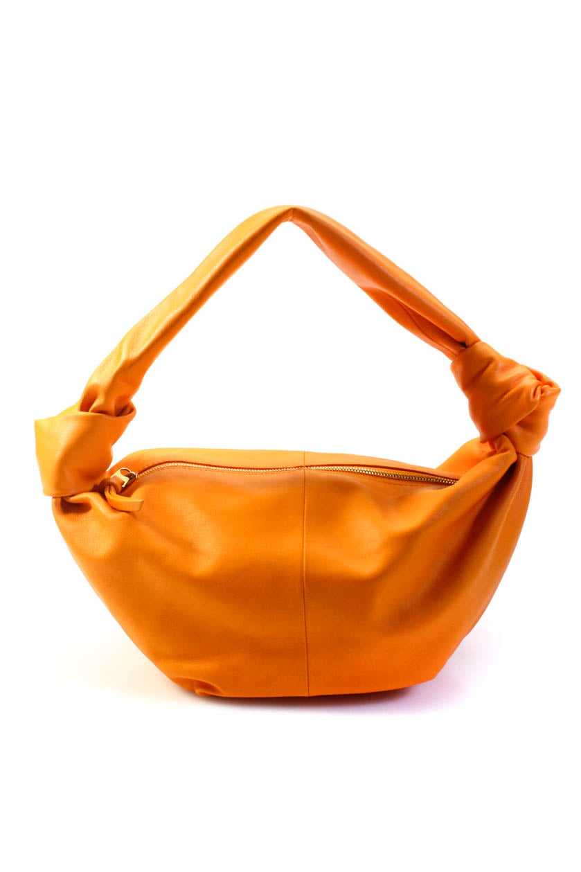Luxury Bottega Veneta Womens Single Handle Zip Top Double Knot Handbag Orange Leather