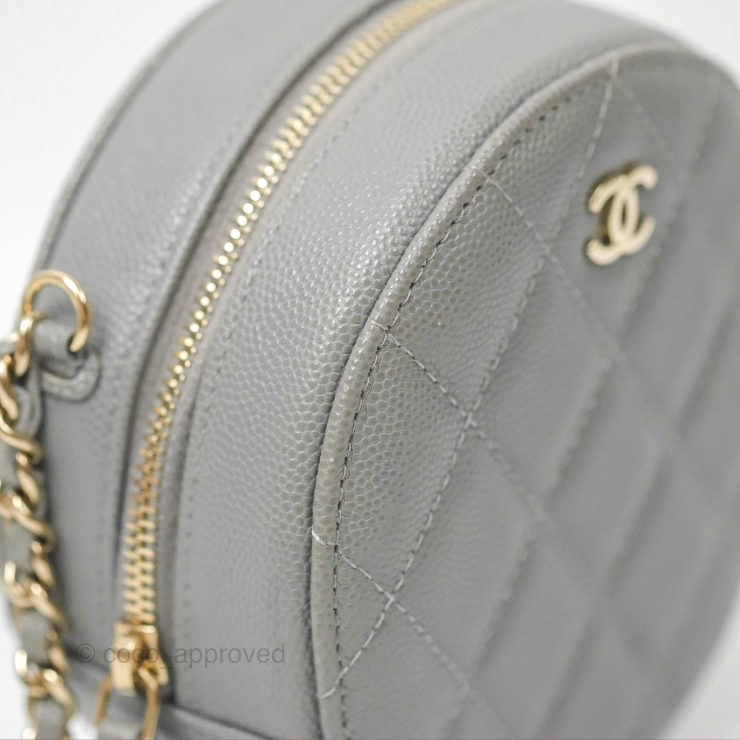 Chanel Classic Quilted Round Clutch With Chain Grey Caviar Gold Hardware