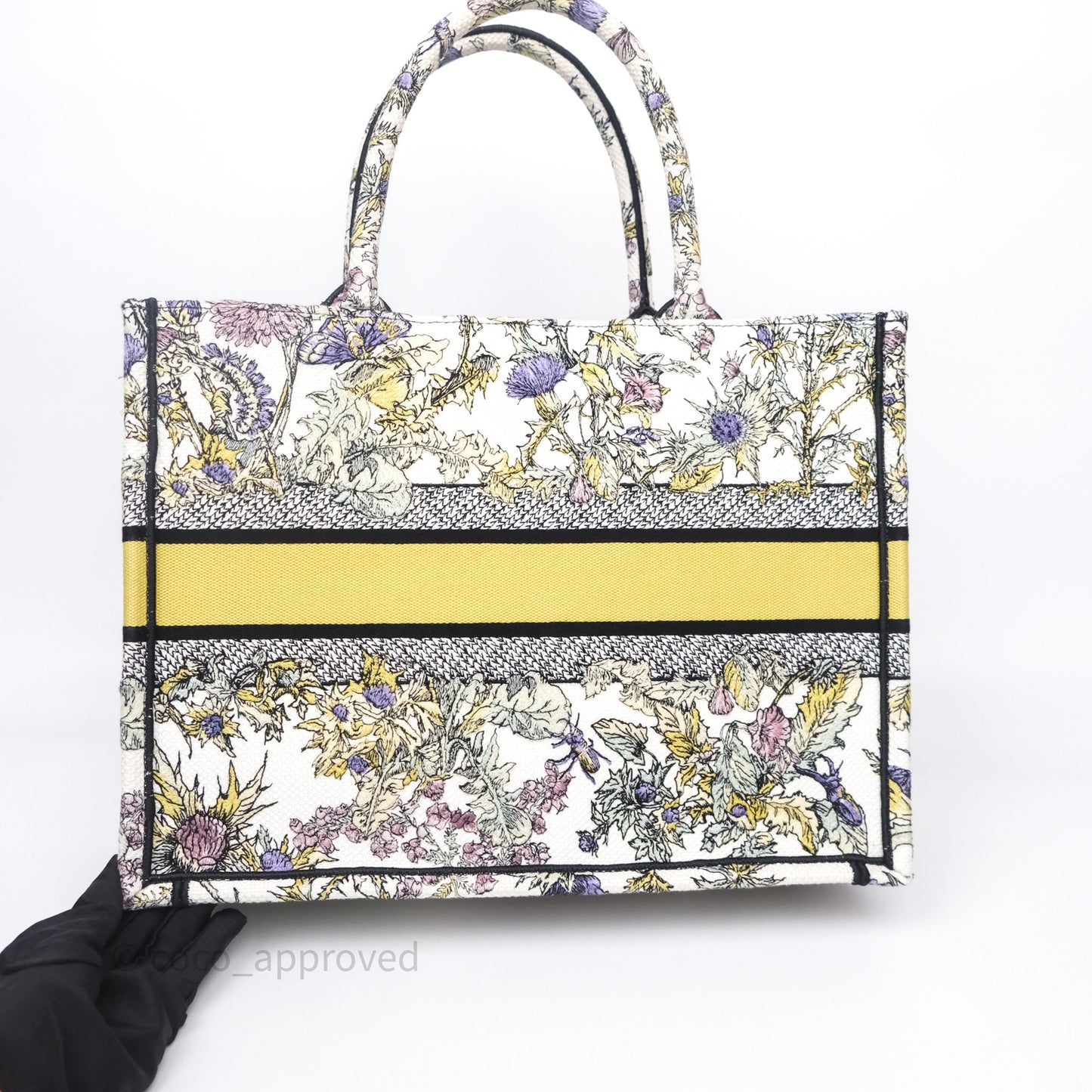 Christian Dior Medium (Old Small) Book Tote Latte Embroidery with Yellow Multicolor Dior Chardons Motif