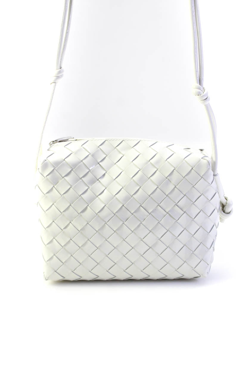 Luxury Bottega Veneta Womens Camera Intrecciato Patent Leather Crossbody Medium White Handbag