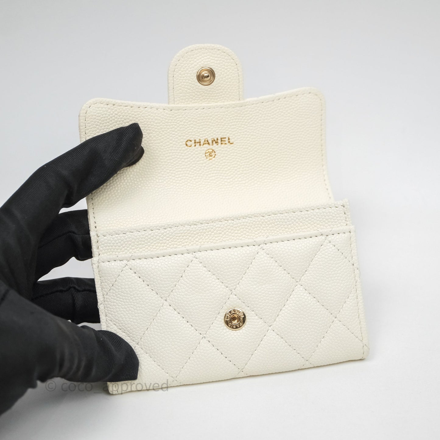 Chanel Quilted Classic Flap Card Holder White Caviar Gold Hardware