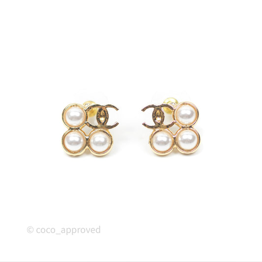 Chanel CC Pearl Earrings Gold Tone 24S