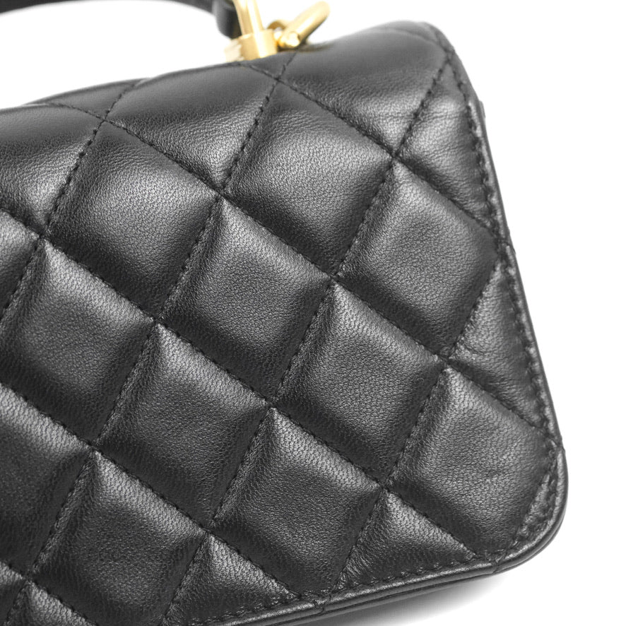 Chanel Mini Handle Flap Coin Purse With Chain Black Lambskin Gold Hardware