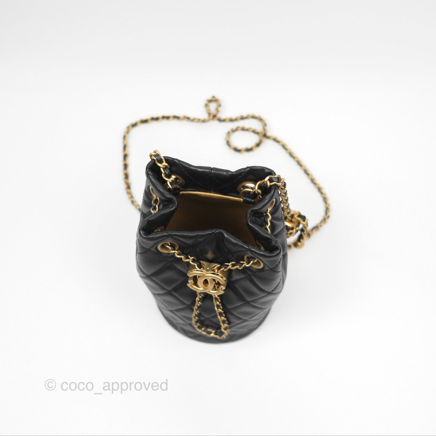 Chanel Pearl Crush Bucket Bag Black Lambskin Aged Gold Hardware 22S