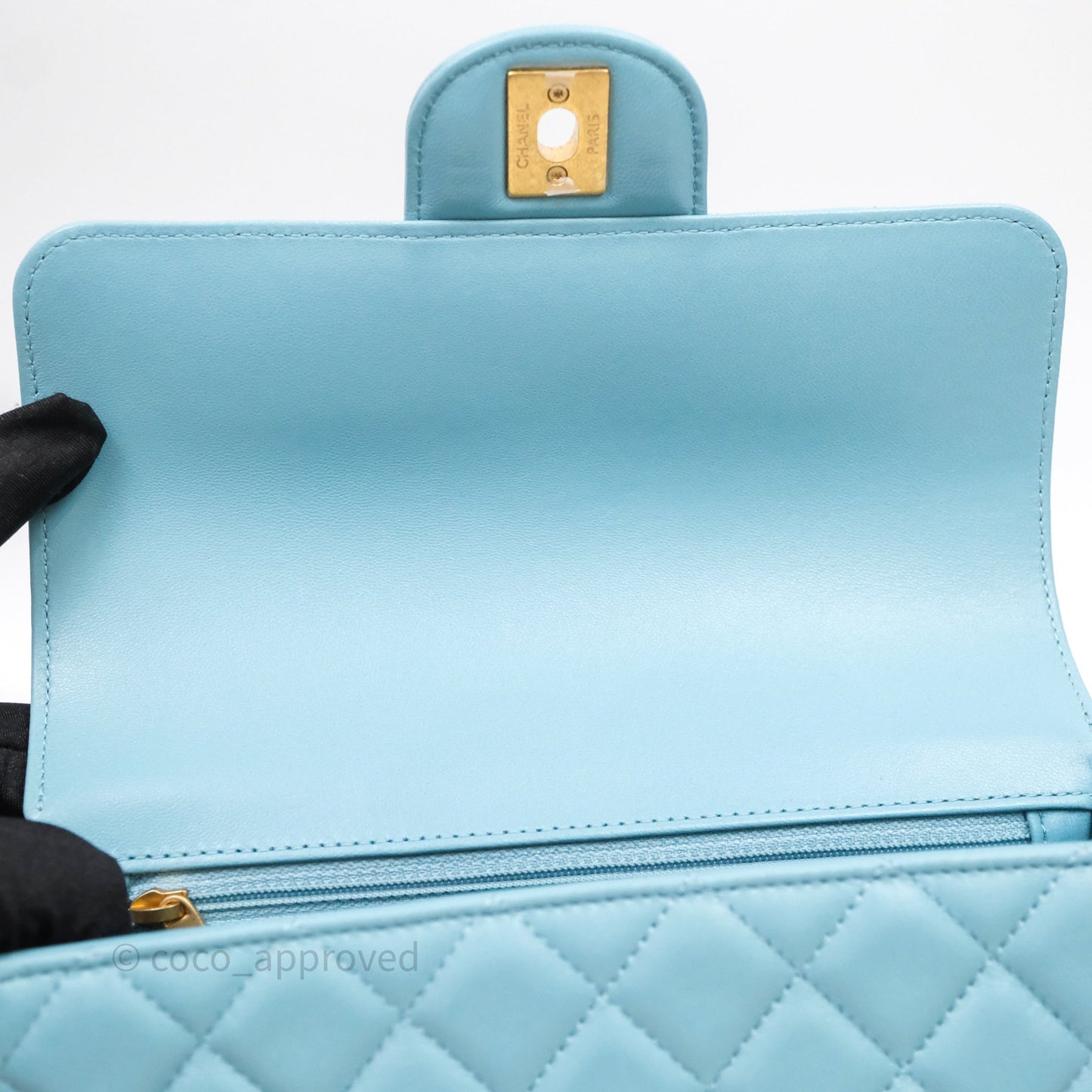 Chanel Flap Bag with Crystal Logo Top Handle Tiffany Blue Lambskin Aged Gold Hardware