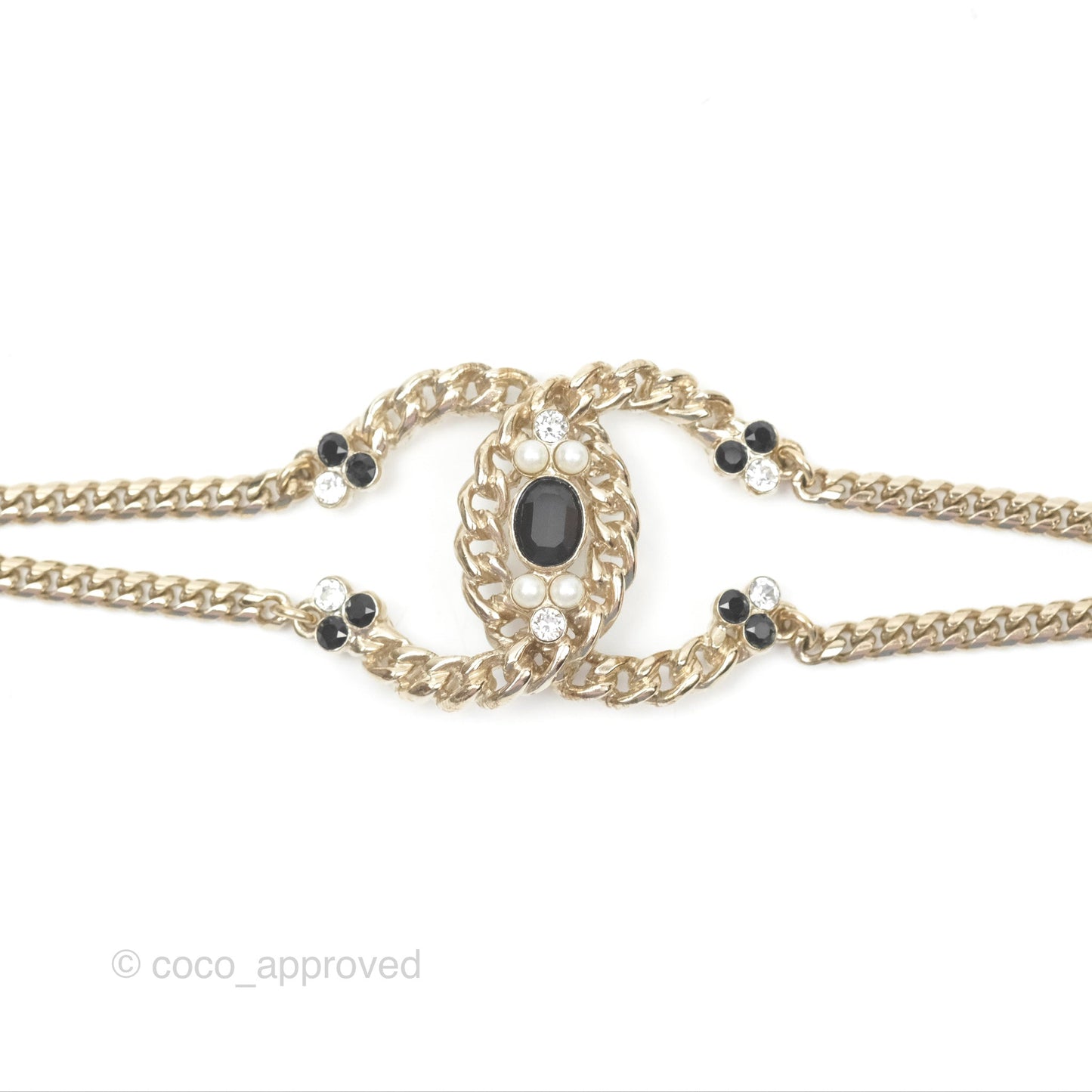 Chanel Large Chain CC Crystal Pearl Black Resin Bracelet Gold Tone 20P