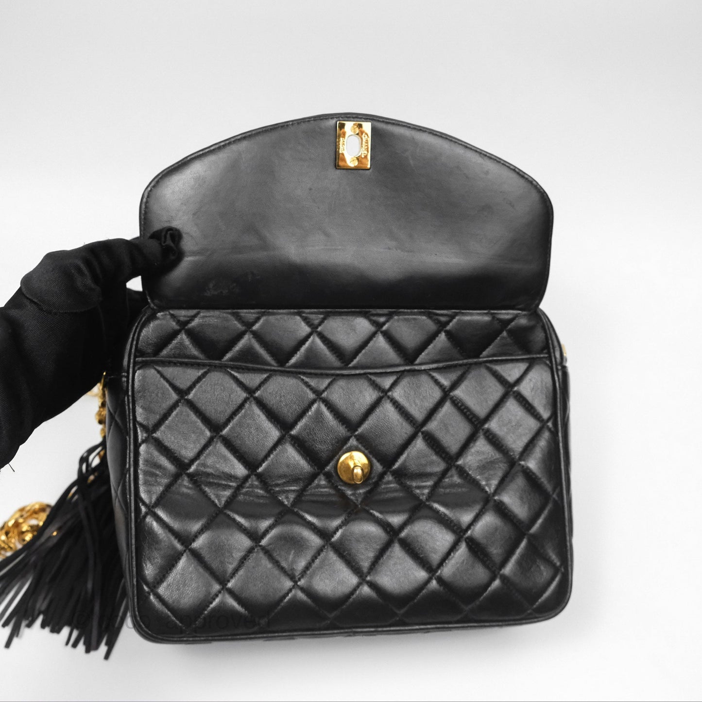 Chanel Vintage Diana Fringe Camera Bag Black Lambskin 24K Gold Hardware