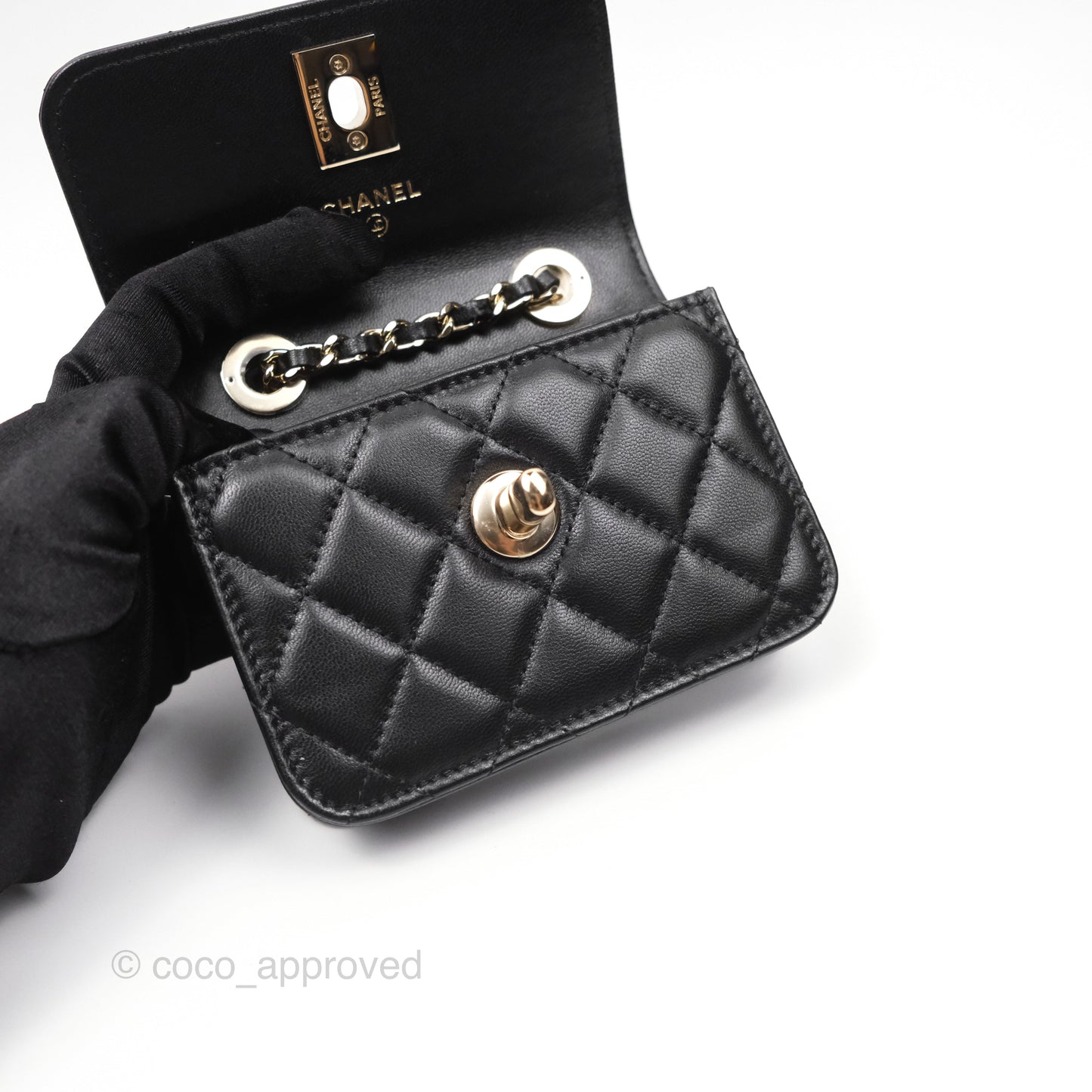 Chanel Mini Quilted Trendy CC Card Holder With Chain Black Lambskin Gold Hardware