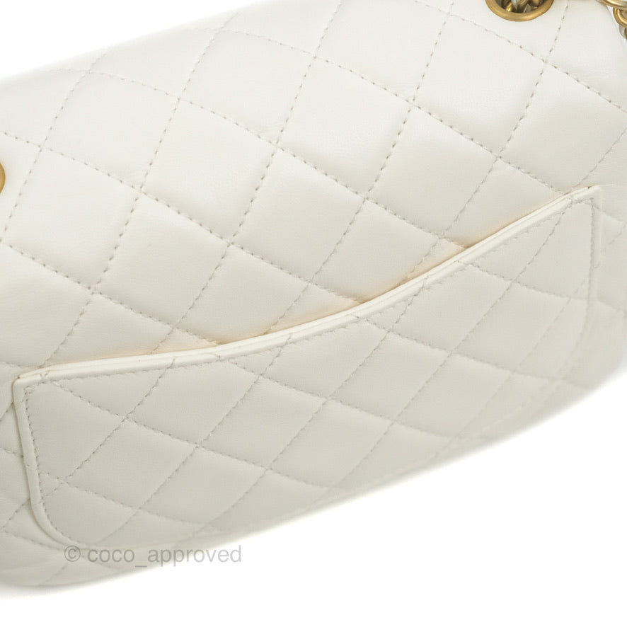 Chanel Mini Square Pearl Crush Quilted White Lambskin Aged Gold Hardware