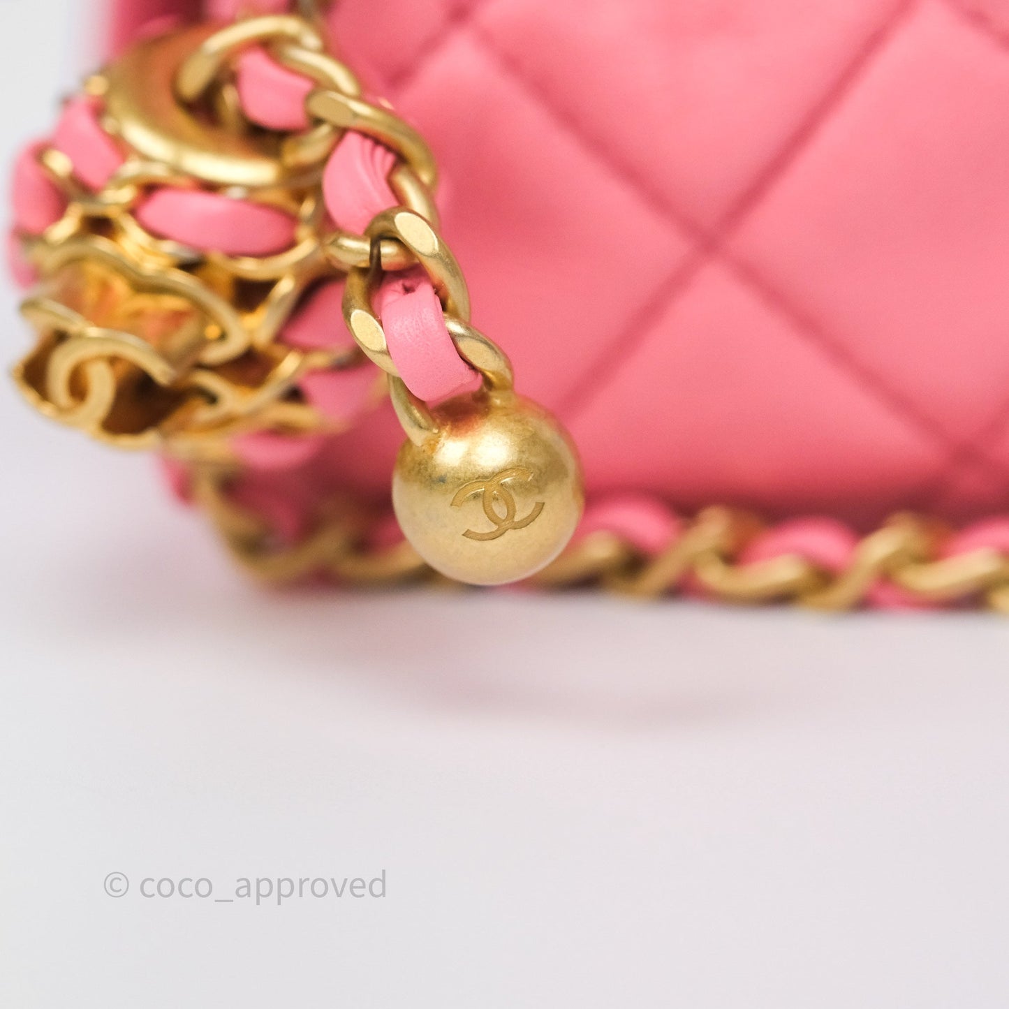 Chanel Pearl Crush Mini Square Quilted Pink Lambskin Aged Gold Hardware