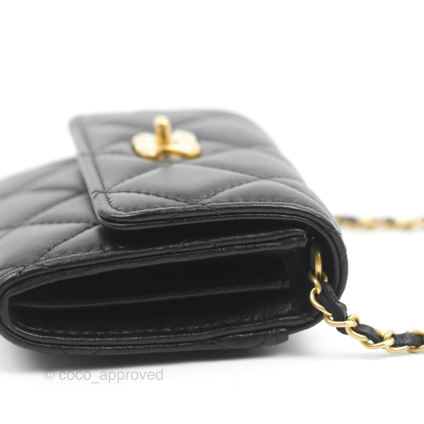 Chanel Pearl Crush Mini Clutch With Chain Black Lambskin Aged Gold Hardware