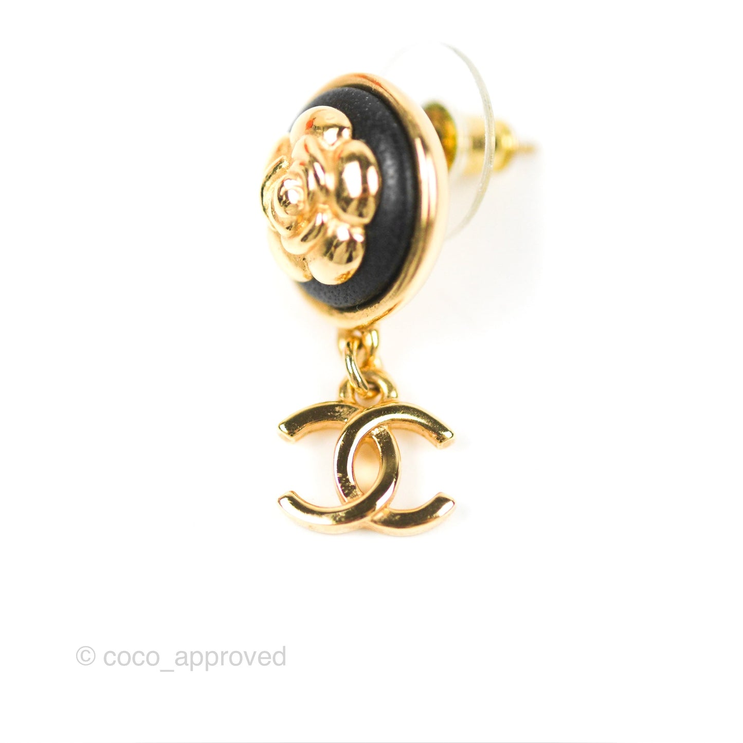 Chanel Round Camellia CC Earrings Black Leather Gold Tone 22A