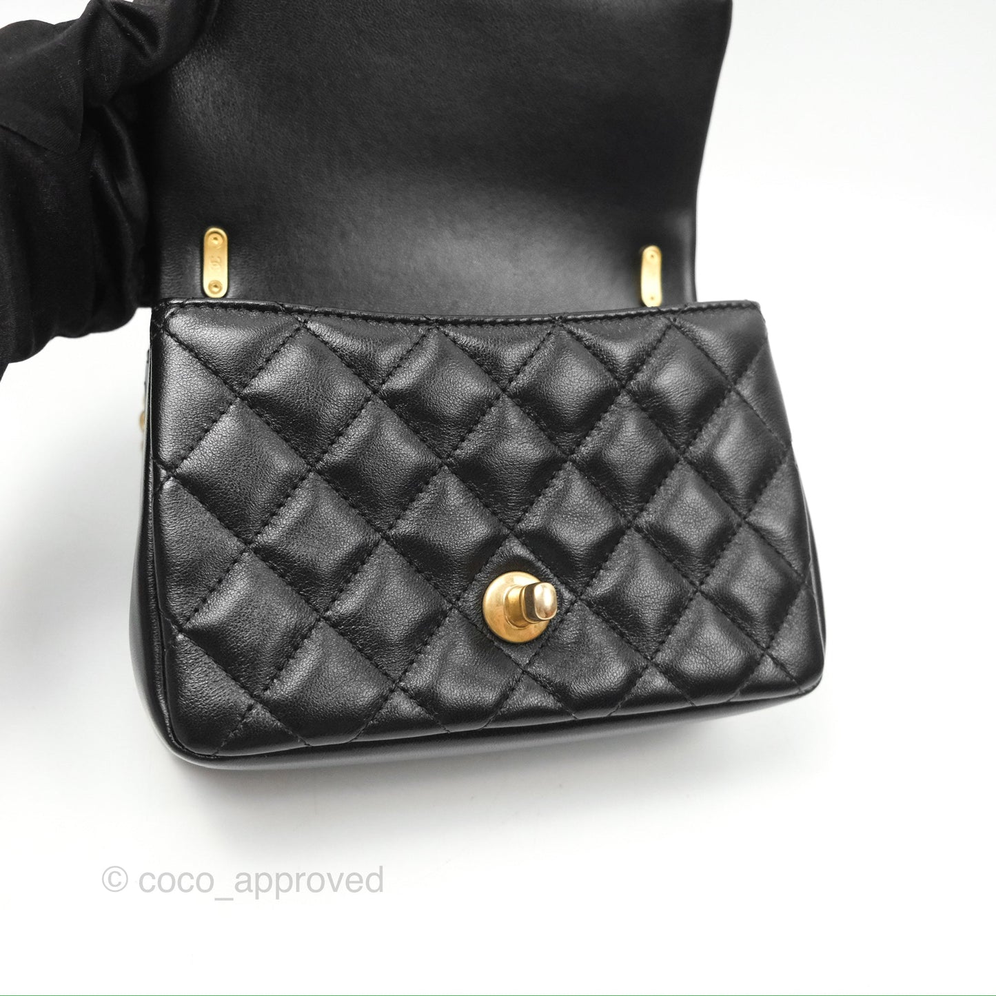 Chanel Mini Flap Bag with Pearl Chain Black Shiny Lambskin Aged Gold Hardware 24P