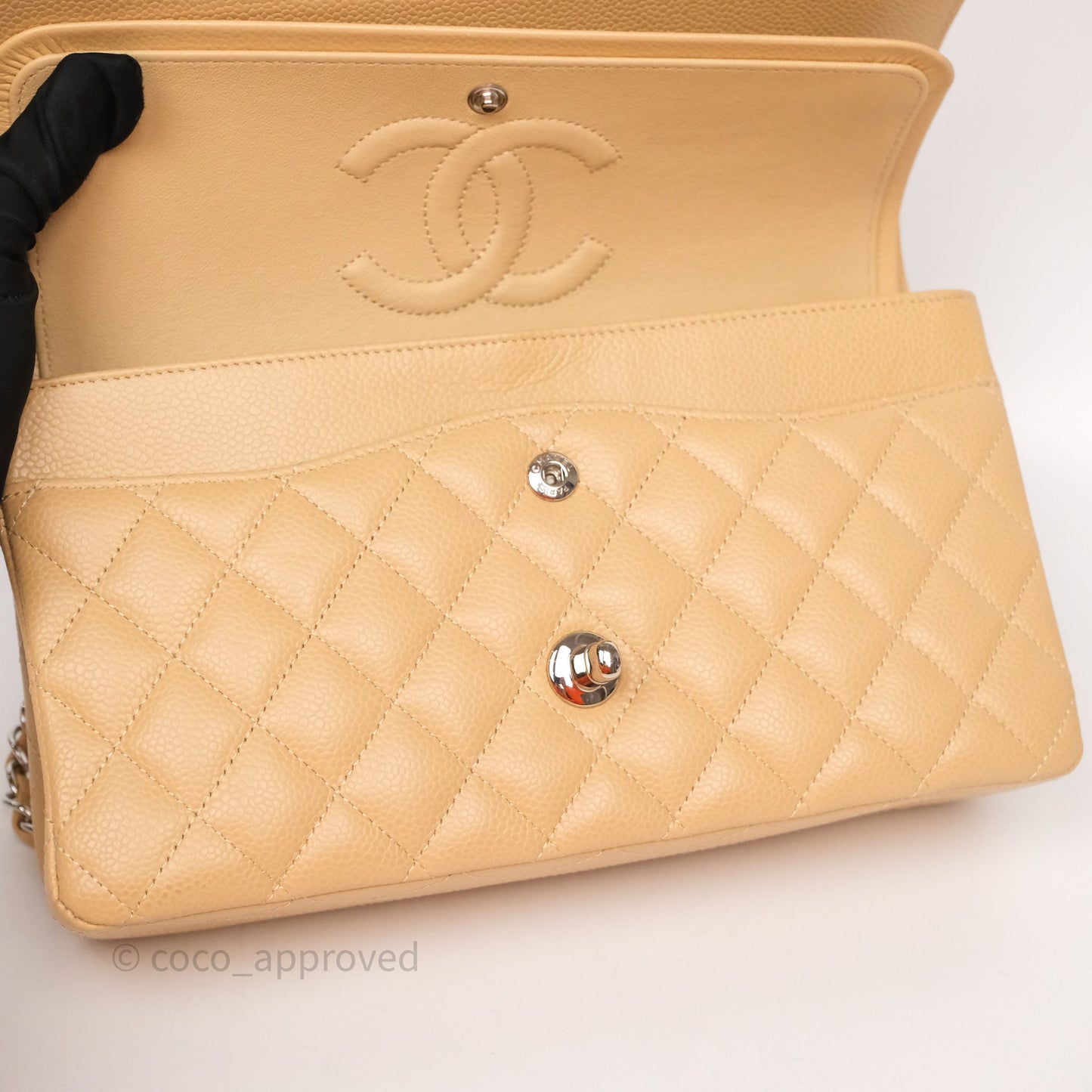 Chanel Classic M/L Medium Flap Quilted Beige Caviar Silver Hardware