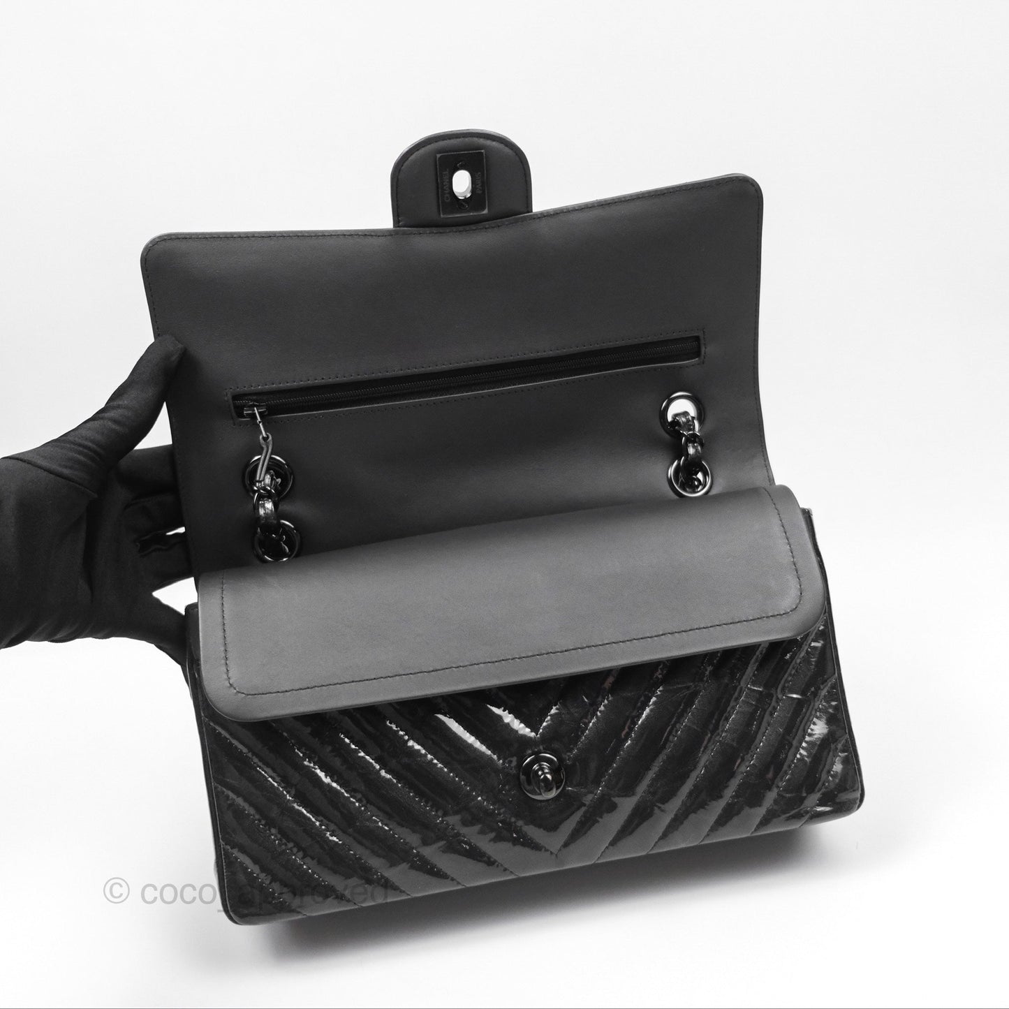 Chanel Classic Chevron M/L Medium Double Flap So Black Patent Calfskin