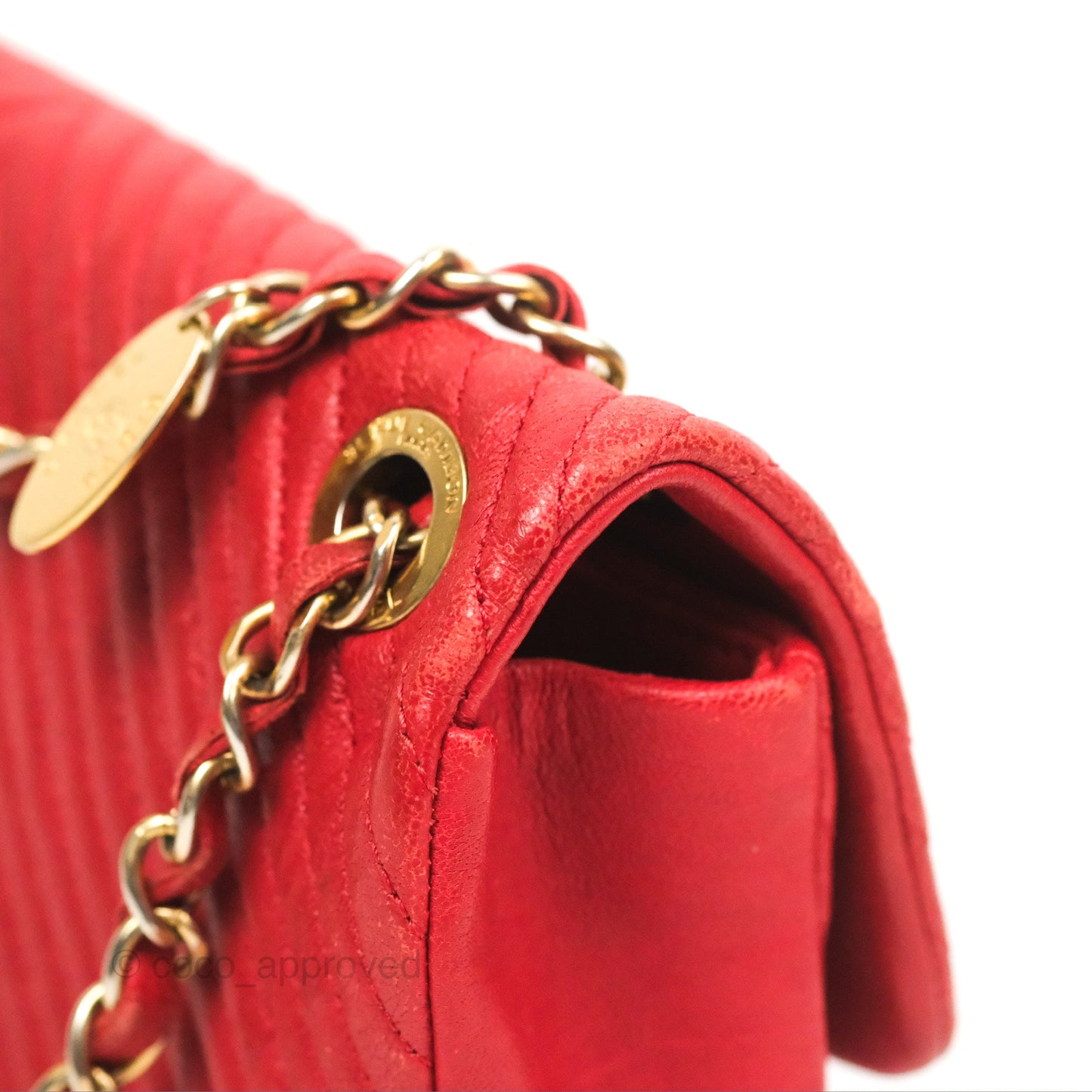 Chanel Small Chevron Surpique Flap Red Calfskin Aged Gold Hardware